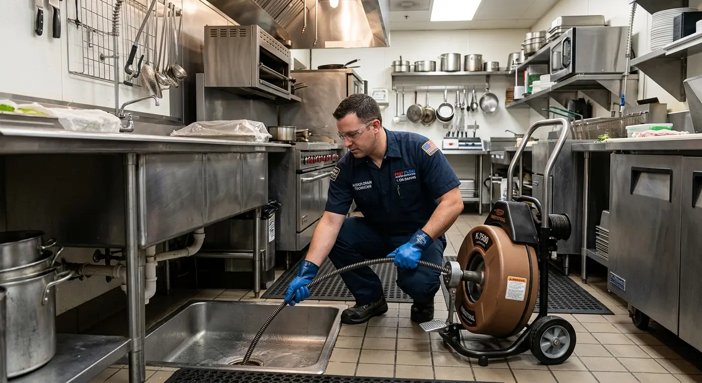 Commercial drain cleaning service in a restaurant kitchen in Adams