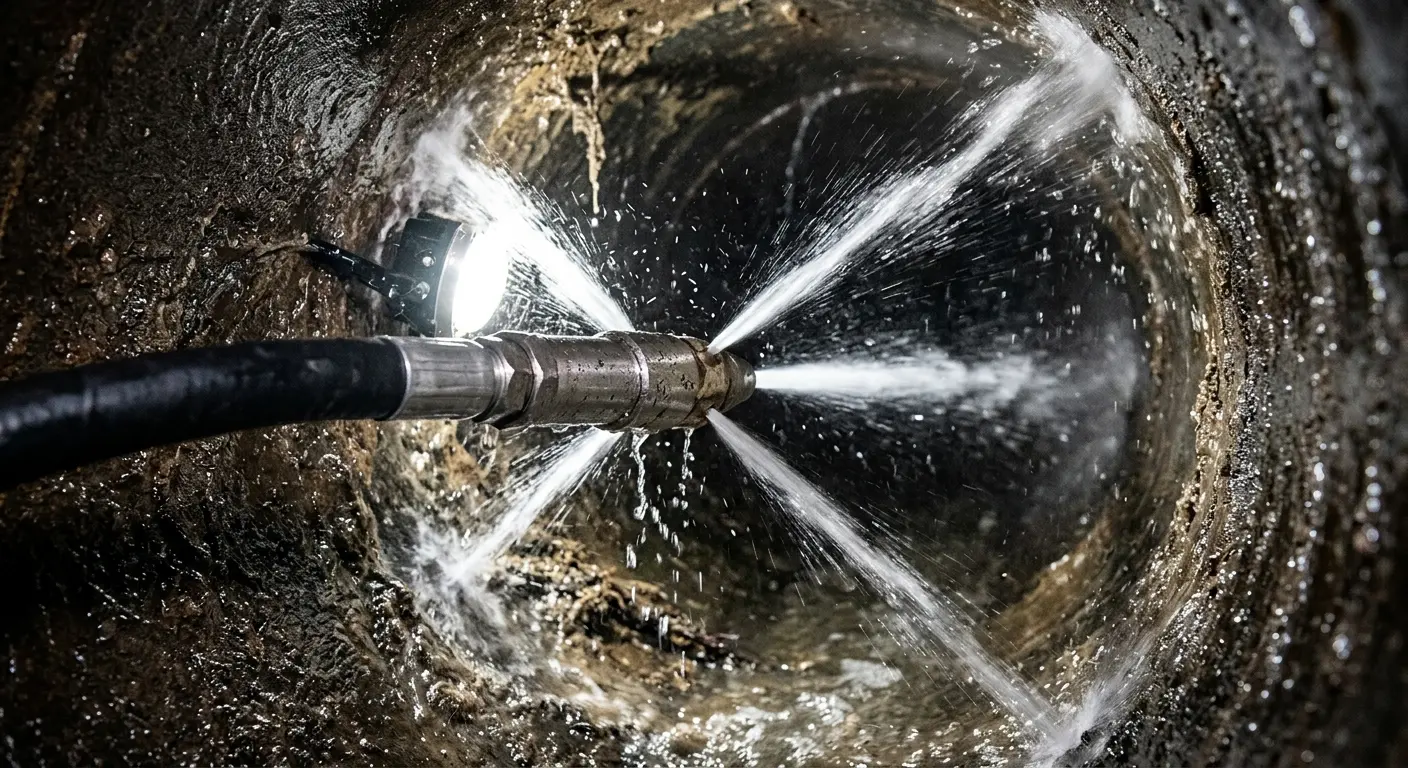 High-pressure hydro jetting nozzle cleaning sewer pipe for Emergency Drain Service in Adams