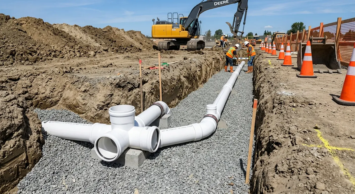 New PVC sewer pipe installation in open trench for Grease Trap Cleaning in Adams