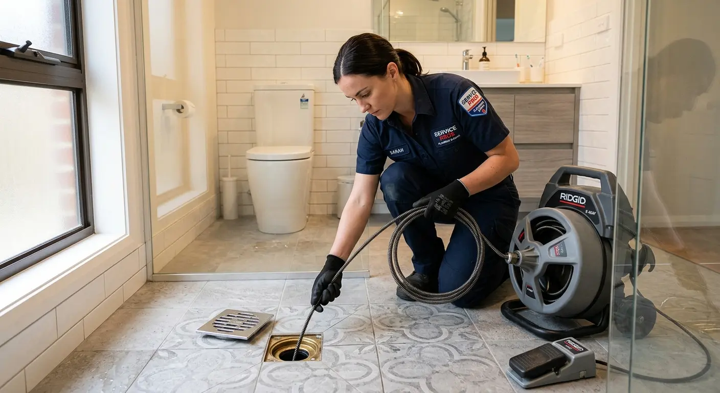 Technician clearing a bathroom floor drain for Sewer Line Replacement in Adams